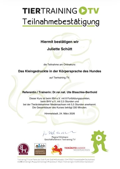 - Das Kleingedruckte in der Körpersprache des Hundes - Teilnahmebestätigung für den Online- Kurs - Das Kleingedruckte in der Körpersprache des Hundes - bei Dozentin Dr. Ute Blaschke- Berthold