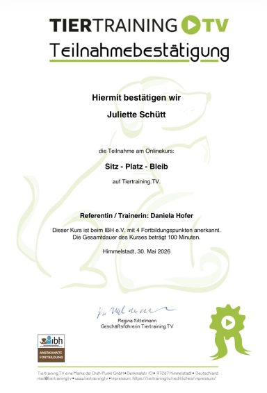 Sitz - Platz - Bleib Teilnahmebescheinigung Online- Kurs Sitz - Platz - Bleib Referentin Danilela Hofer