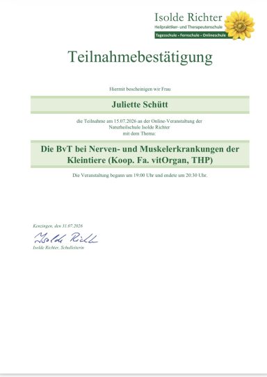 Die BvT bei Nerven - und Muskelerkrankungen der Kleintiere Teilnahmebescheinigung an der Online- Veranstaltung -Die BvT bei Nerven - und Muskelerkrankungen der Kleintiere an der Isolde Richter Schule
